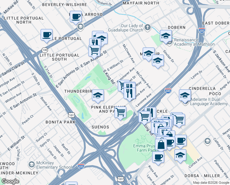 map of restaurants, bars, coffee shops, grocery stores, and more near 1683 Virginia Place in San Jose