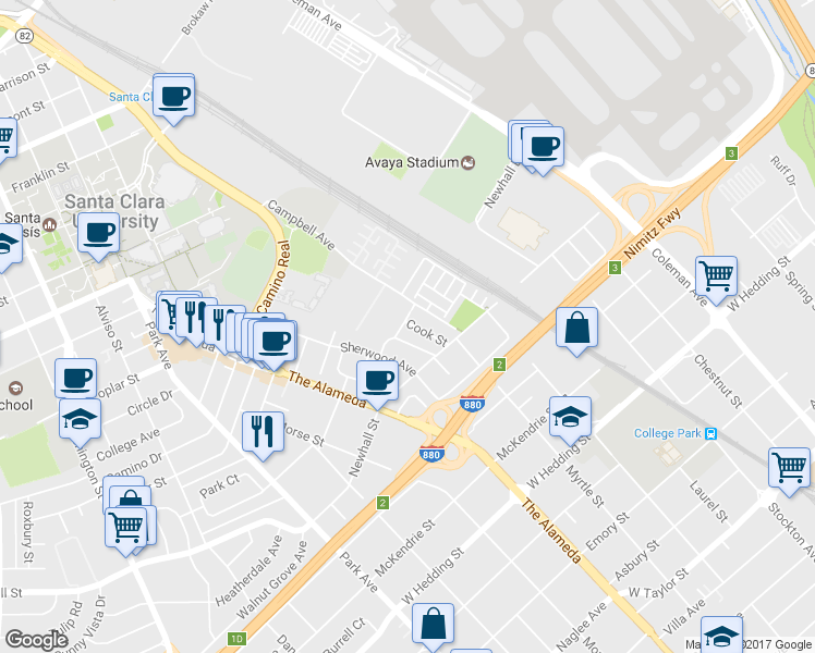 map of restaurants, bars, coffee shops, grocery stores, and more near 1133 Delno Avenue in San Jose