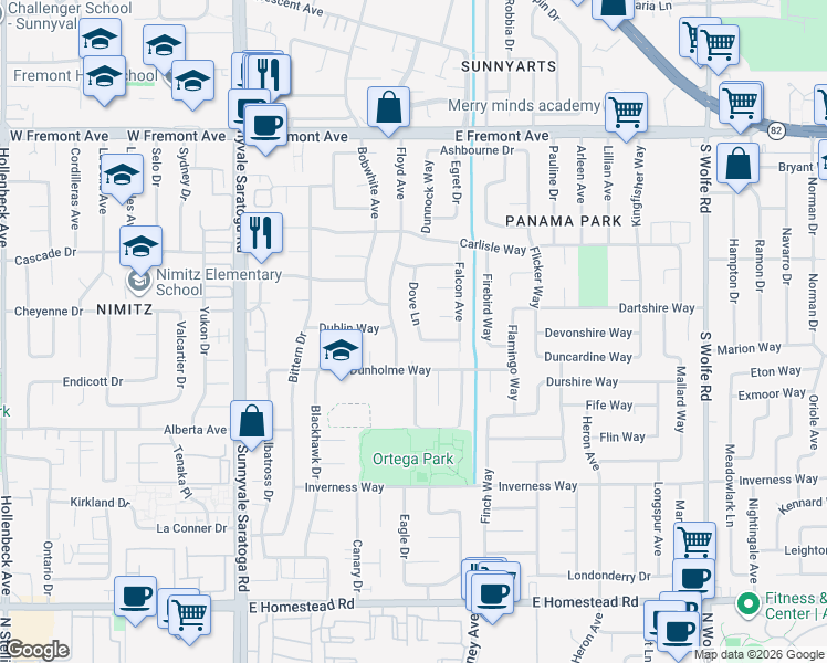 map of restaurants, bars, coffee shops, grocery stores, and more near 634 Dorset Way in Sunnyvale
