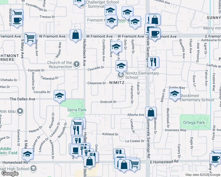 map of restaurants, bars, coffee shops, grocery stores, and more near 1484 Prince Edward Way in Sunnyvale