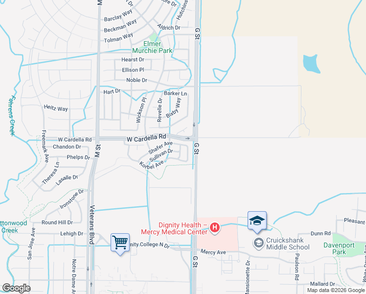 map of restaurants, bars, coffee shops, grocery stores, and more near 4218 Berryesa Avenue in Merced