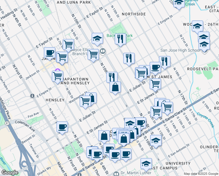 map of restaurants, bars, coffee shops, grocery stores, and more near 445 East Julian Street in San Jose