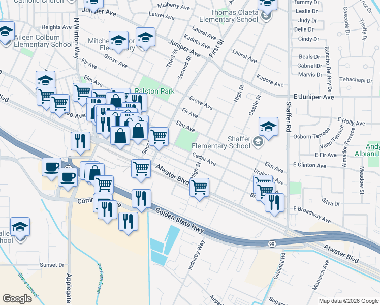 map of restaurants, bars, coffee shops, grocery stores, and more near 1198 Packers Street in Atwater