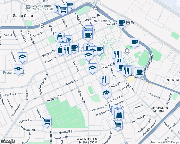 map of restaurants, bars, coffee shops, grocery stores, and more near 1065 Market Street in Santa Clara