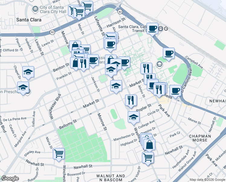 map of restaurants, bars, coffee shops, grocery stores, and more near 1065 Market Street in Santa Clara