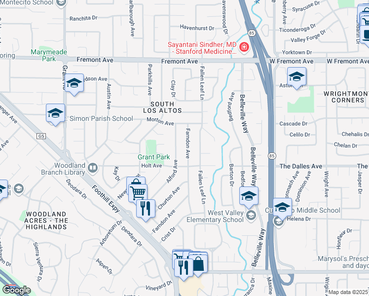 map of restaurants, bars, coffee shops, grocery stores, and more near 1856 Farndon Avenue in Los Altos