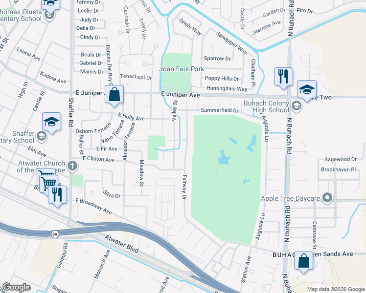 map of restaurants, bars, coffee shops, grocery stores, and more near 1484 Valley Street in Atwater