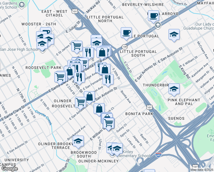 map of restaurants, bars, coffee shops, grocery stores, and more near 1304 Whitton Avenue in San Jose