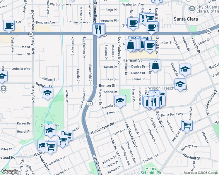 map of restaurants, bars, coffee shops, grocery stores, and more near 2356 Arlene Drive in Santa Clara