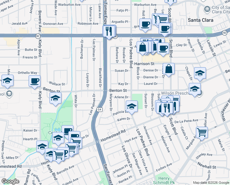 map of restaurants, bars, coffee shops, grocery stores, and more near 2356 Arlene Drive in Santa Clara