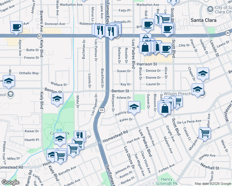 map of restaurants, bars, coffee shops, grocery stores, and more near 992 Maryann Drive in Santa Clara