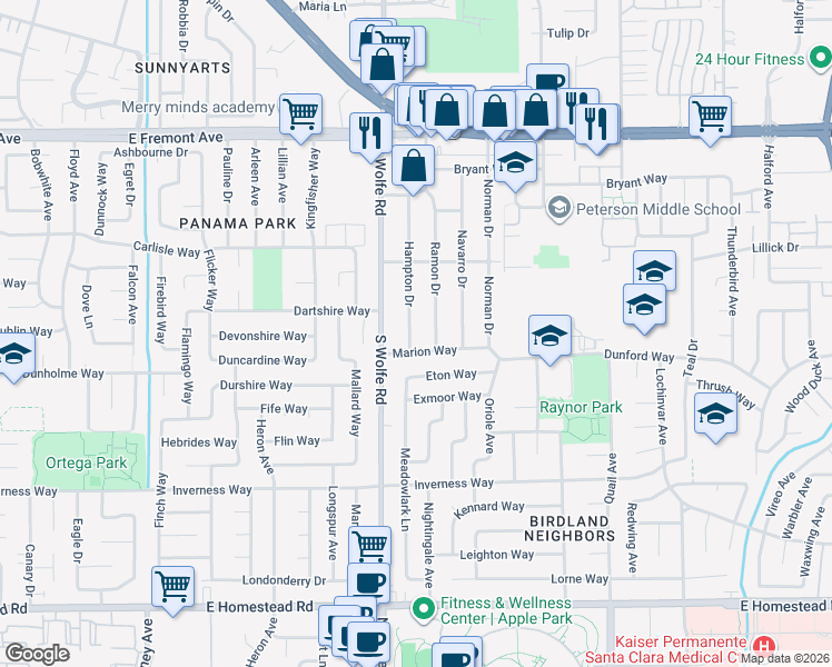 map of restaurants, bars, coffee shops, grocery stores, and more near 942 Marion Way in Sunnyvale