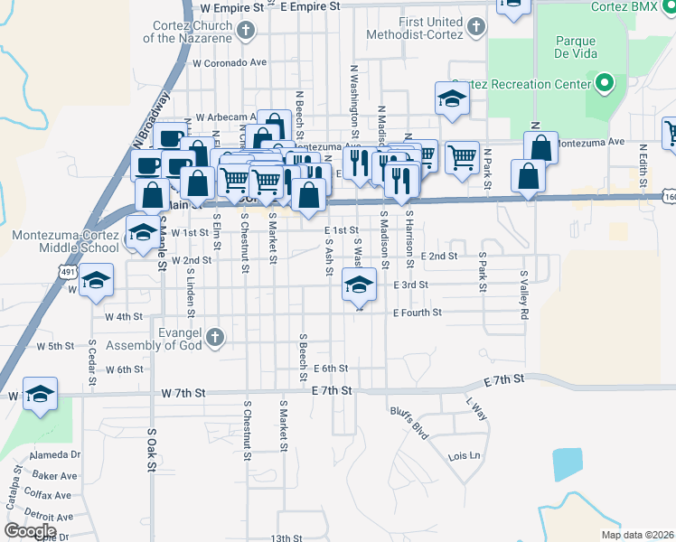 map of restaurants, bars, coffee shops, grocery stores, and more near 206 East 3rd Street in Cortez