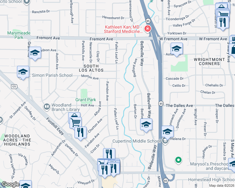 map of restaurants, bars, coffee shops, grocery stores, and more near 1847 Fallen Leaf Lane in Los Altos