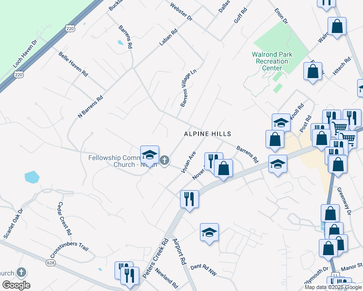 map of restaurants, bars, coffee shops, grocery stores, and more near 1140 Starmount Avenue in Hollins