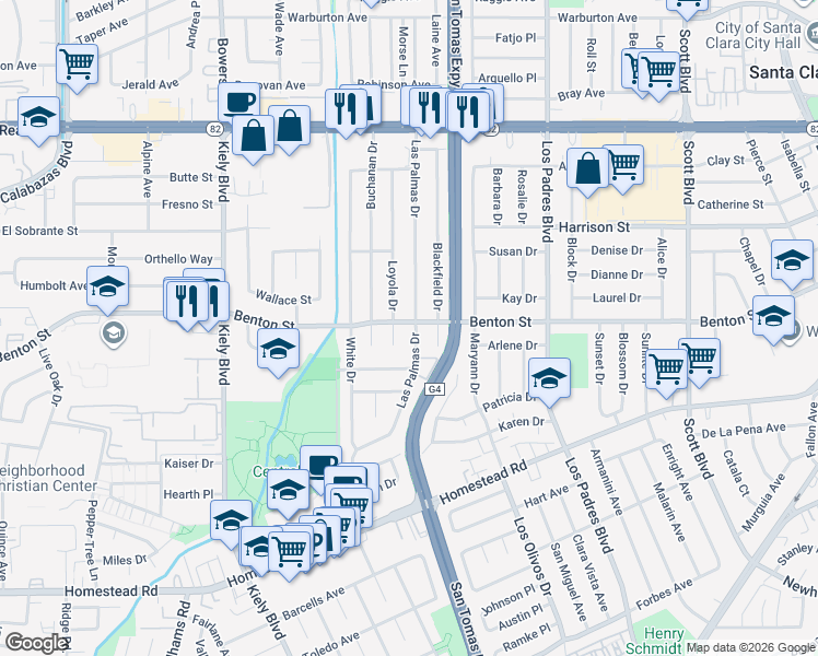 map of restaurants, bars, coffee shops, grocery stores, and more near 1044 Loyola Court in Santa Clara