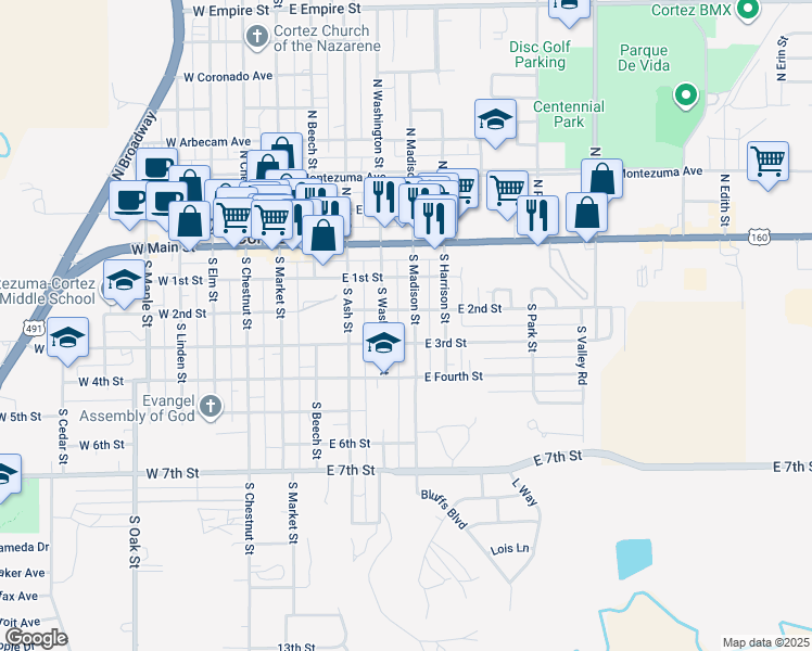 map of restaurants, bars, coffee shops, grocery stores, and more near 301-399 E 3rd St in Cortez