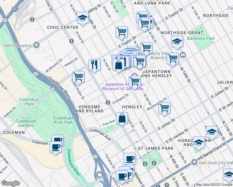 map of restaurants, bars, coffee shops, grocery stores, and more near 55 East Empire Street in San Jose