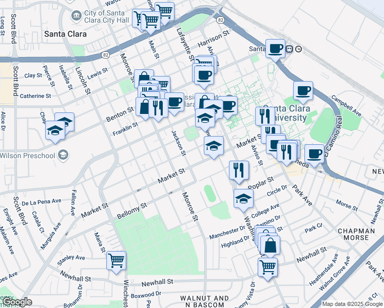 map of restaurants, bars, coffee shops, grocery stores, and more near 1145 Market Street in Santa Clara