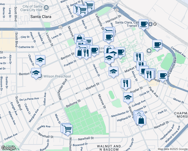 map of restaurants, bars, coffee shops, grocery stores, and more near 676 Jackson Street in Santa Clara