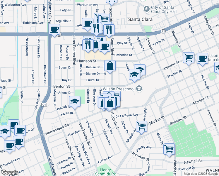 map of restaurants, bars, coffee shops, grocery stores, and more near 935 Visconti Place in Santa Clara
