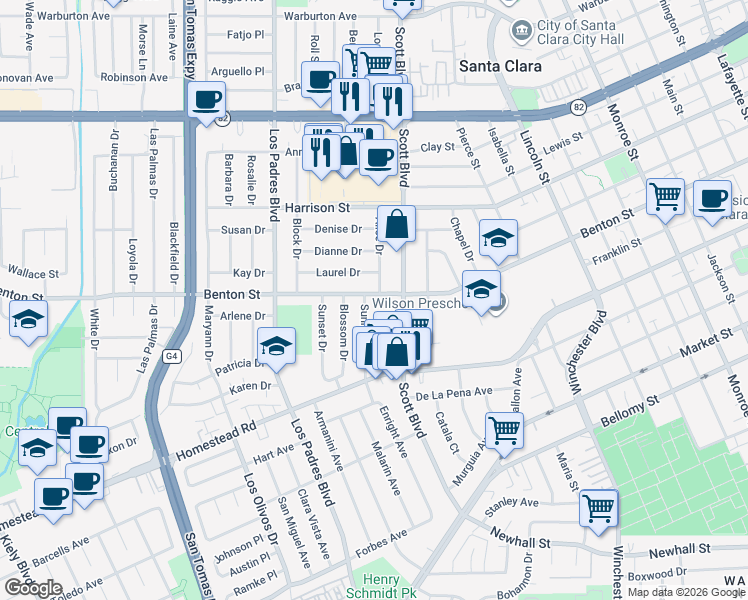 map of restaurants, bars, coffee shops, grocery stores, and more near 935 Visconti Place in Santa Clara