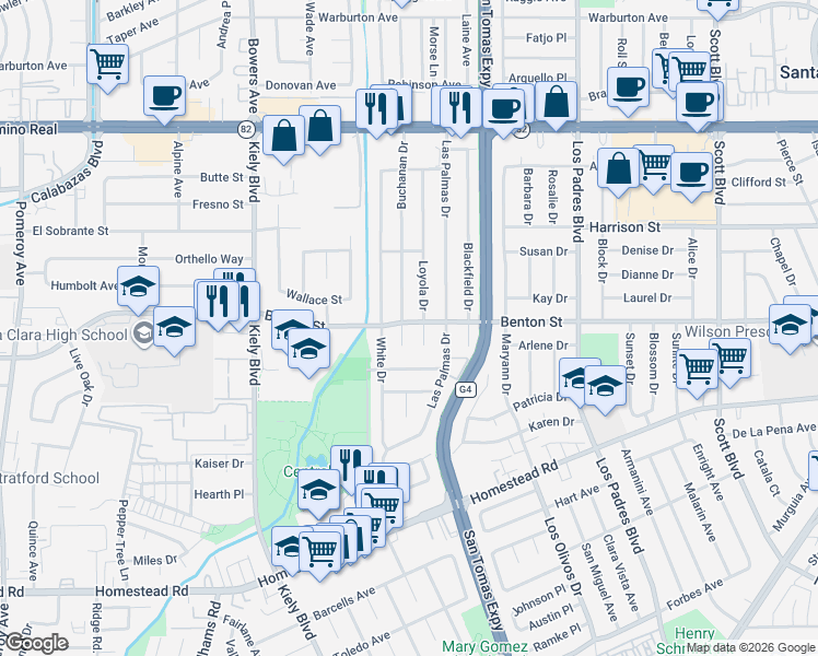 map of restaurants, bars, coffee shops, grocery stores, and more near 1044 Loyola Court in Santa Clara
