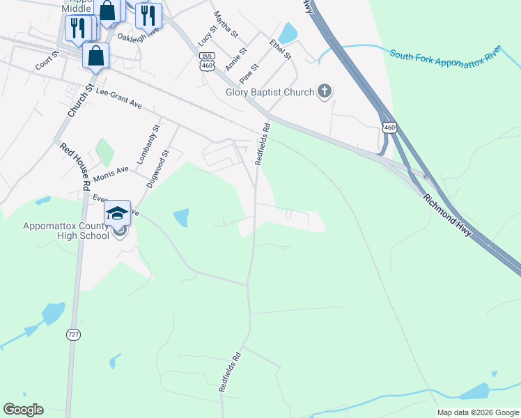 map of restaurants, bars, coffee shops, grocery stores, and more near 1818 State Route 635 in Appomattox