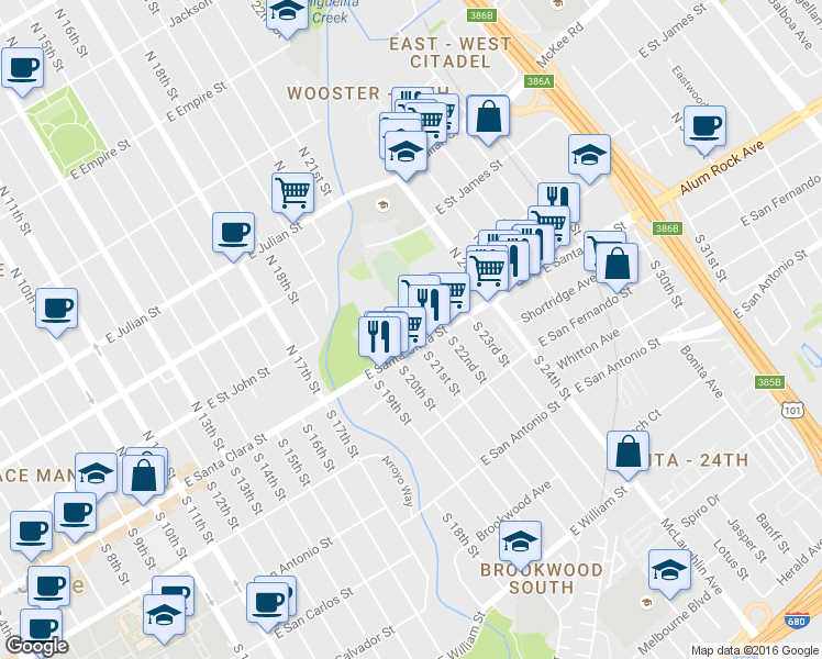 map of restaurants, bars, coffee shops, grocery stores, and more near 18 North 21st Street in San Jose