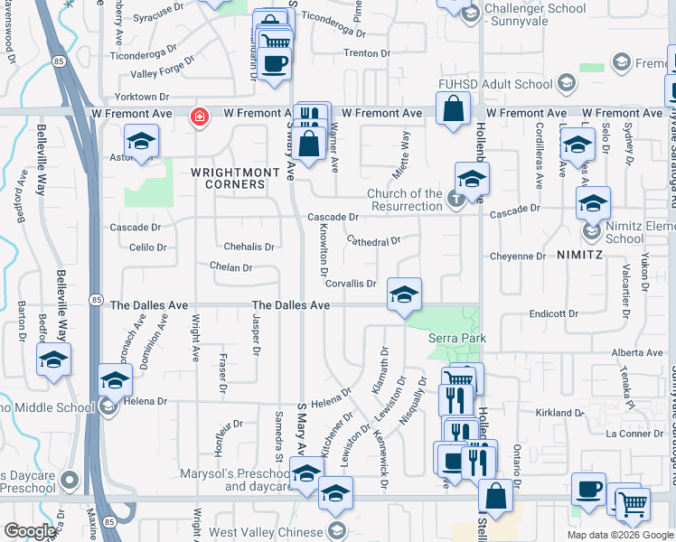 map of restaurants, bars, coffee shops, grocery stores, and more near 1489 Knowlton Drive in Sunnyvale