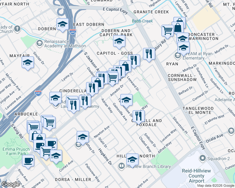 map of restaurants, bars, coffee shops, grocery stores, and more near 1197 Tallahassee Drive in San Jose