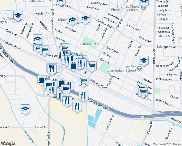 map of restaurants, bars, coffee shops, grocery stores, and more near 1049 Broadway Avenue in Atwater