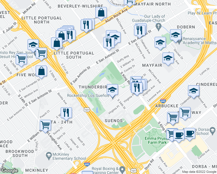 map of restaurants, bars, coffee shops, grocery stores, and more near 1616 Troon Drive in San Jose