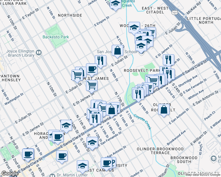 map of restaurants, bars, coffee shops, grocery stores, and more near 179 North 17th Street in San Jose