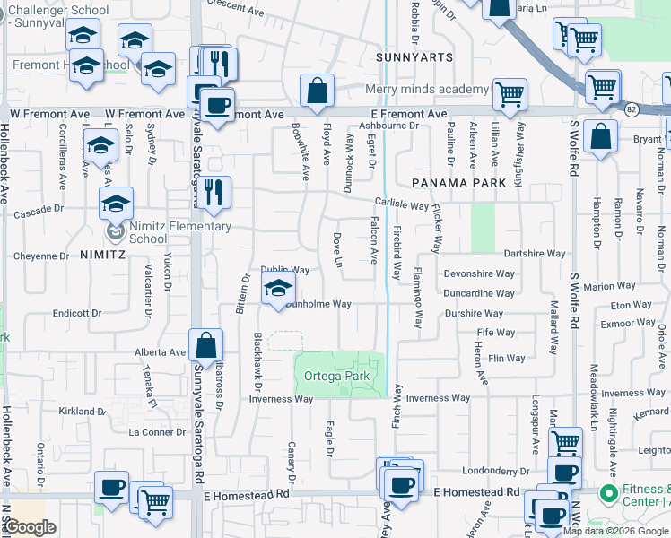 map of restaurants, bars, coffee shops, grocery stores, and more near 1467 Dove Lane in Sunnyvale