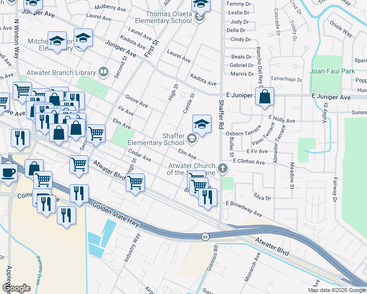 map of restaurants, bars, coffee shops, grocery stores, and more near 400 Elm Avenue in Atwater
