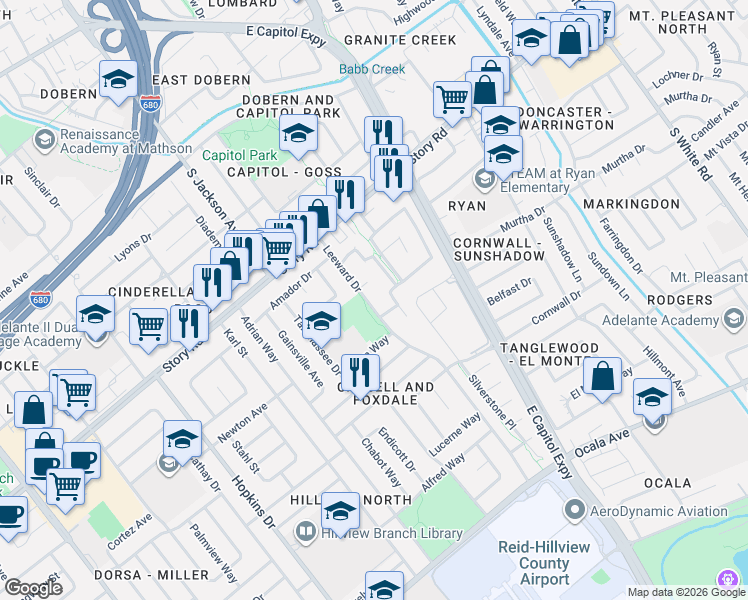 map of restaurants, bars, coffee shops, grocery stores, and more near 1301 Leeward Drive in San Jose