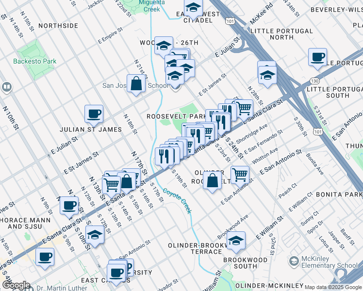 map of restaurants, bars, coffee shops, grocery stores, and more near 901 East Santa Clara Street in San Jose
