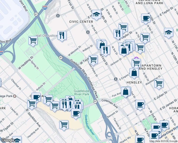 map of restaurants, bars, coffee shops, grocery stores, and more near 190 Acacia Street in San Jose