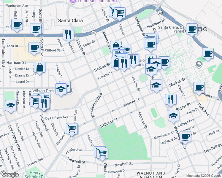 map of restaurants, bars, coffee shops, grocery stores, and more near 1566 Lexington Street in Santa Clara