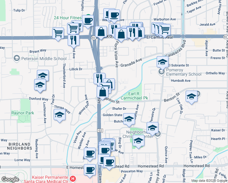 map of restaurants, bars, coffee shops, grocery stores, and more near 3794 Flora Vista Avenue in Santa Clara