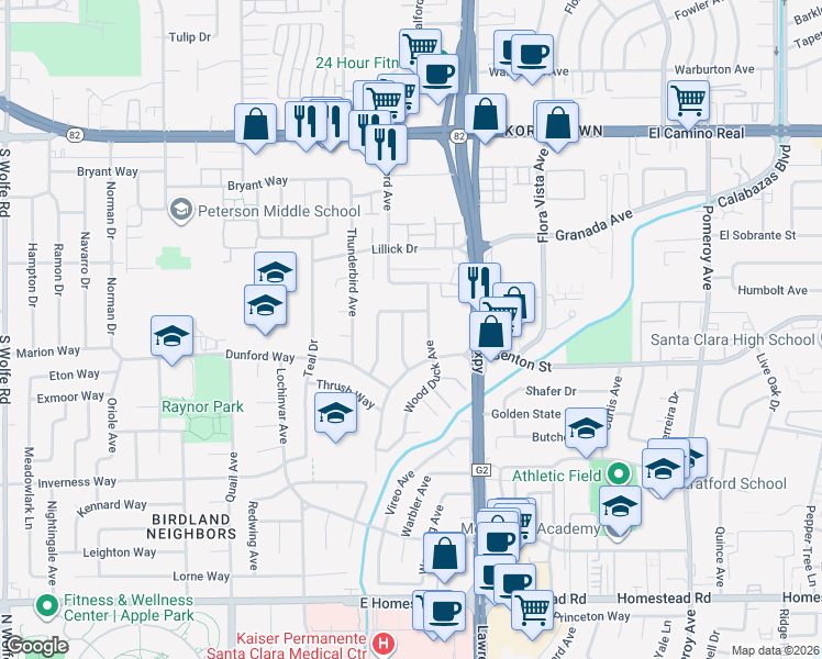 map of restaurants, bars, coffee shops, grocery stores, and more near 1038 Wood Duck Avenue in Santa Clara