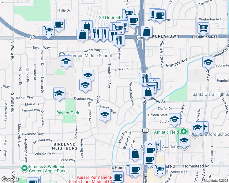 map of restaurants, bars, coffee shops, grocery stores, and more near 1043 Bluebird Avenue in Santa Clara