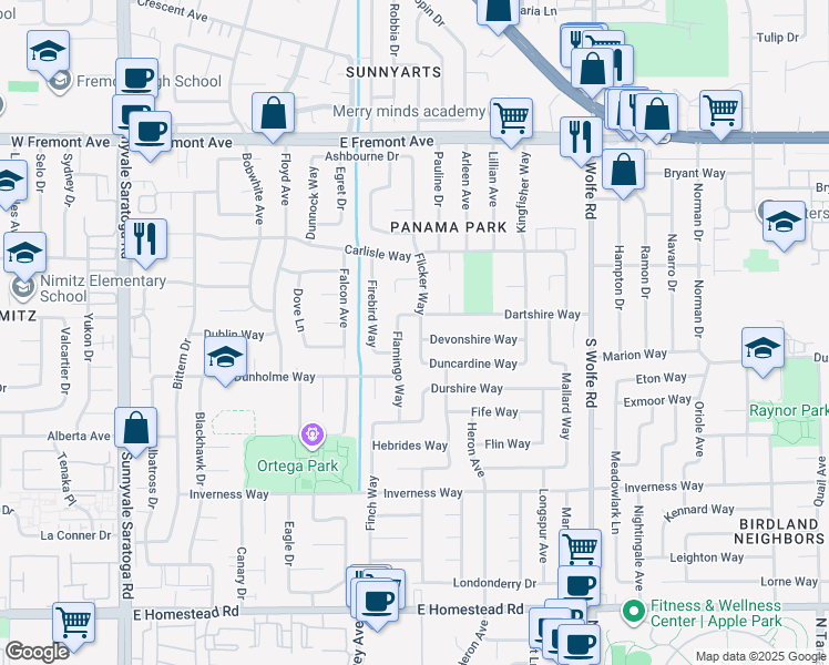 map of restaurants, bars, coffee shops, grocery stores, and more near 753 Duncardine Way in Sunnyvale