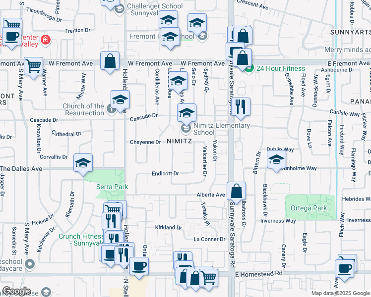 map of restaurants, bars, coffee shops, grocery stores, and more near 1480 Revelstoke Way in Sunnyvale