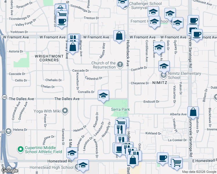 map of restaurants, bars, coffee shops, grocery stores, and more near 1481 Mistaya Court in Sunnyvale