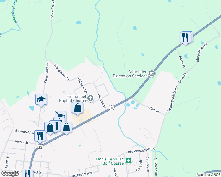 map of restaurants, bars, coffee shops, grocery stores, and more near 101-133 Circle Drive in Marion