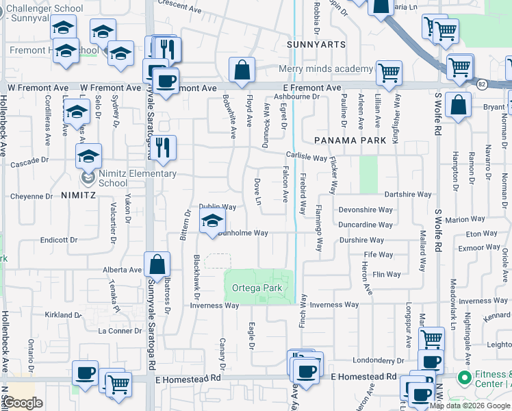 map of restaurants, bars, coffee shops, grocery stores, and more near 1467 Dove Lane in Sunnyvale