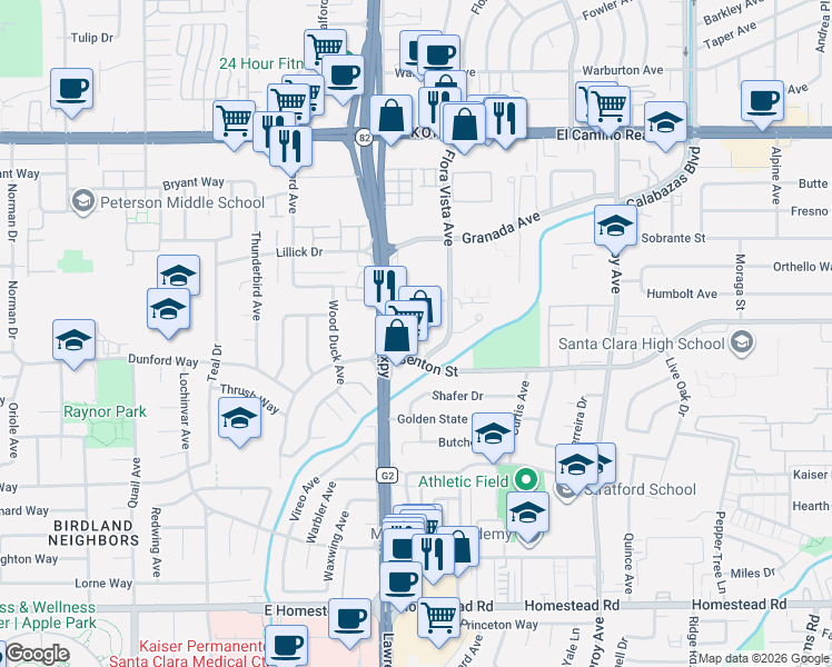 map of restaurants, bars, coffee shops, grocery stores, and more near 3595 Benton Street in Santa Clara