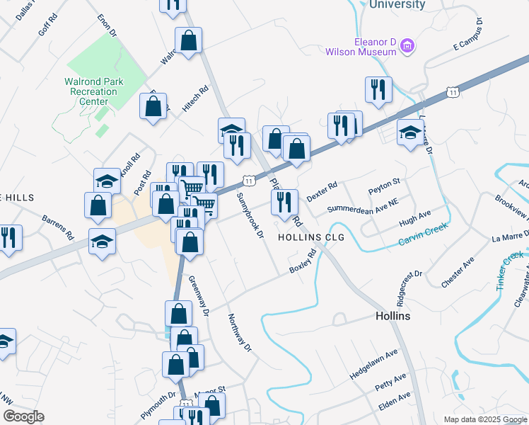 map of restaurants, bars, coffee shops, grocery stores, and more near 529 Dexter Road in Hollins